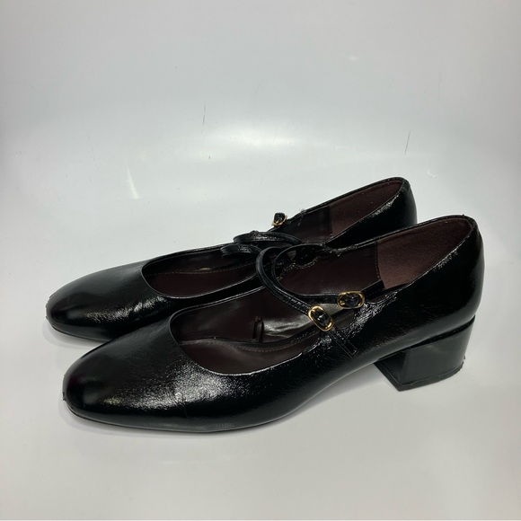 Zara black faux patent leather dress shoes block heels double strap women’s 41 - Picture 2 of 11